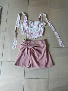 Selfie Leslie Pink Bow-Front Skirt Set with Floral Corset Top